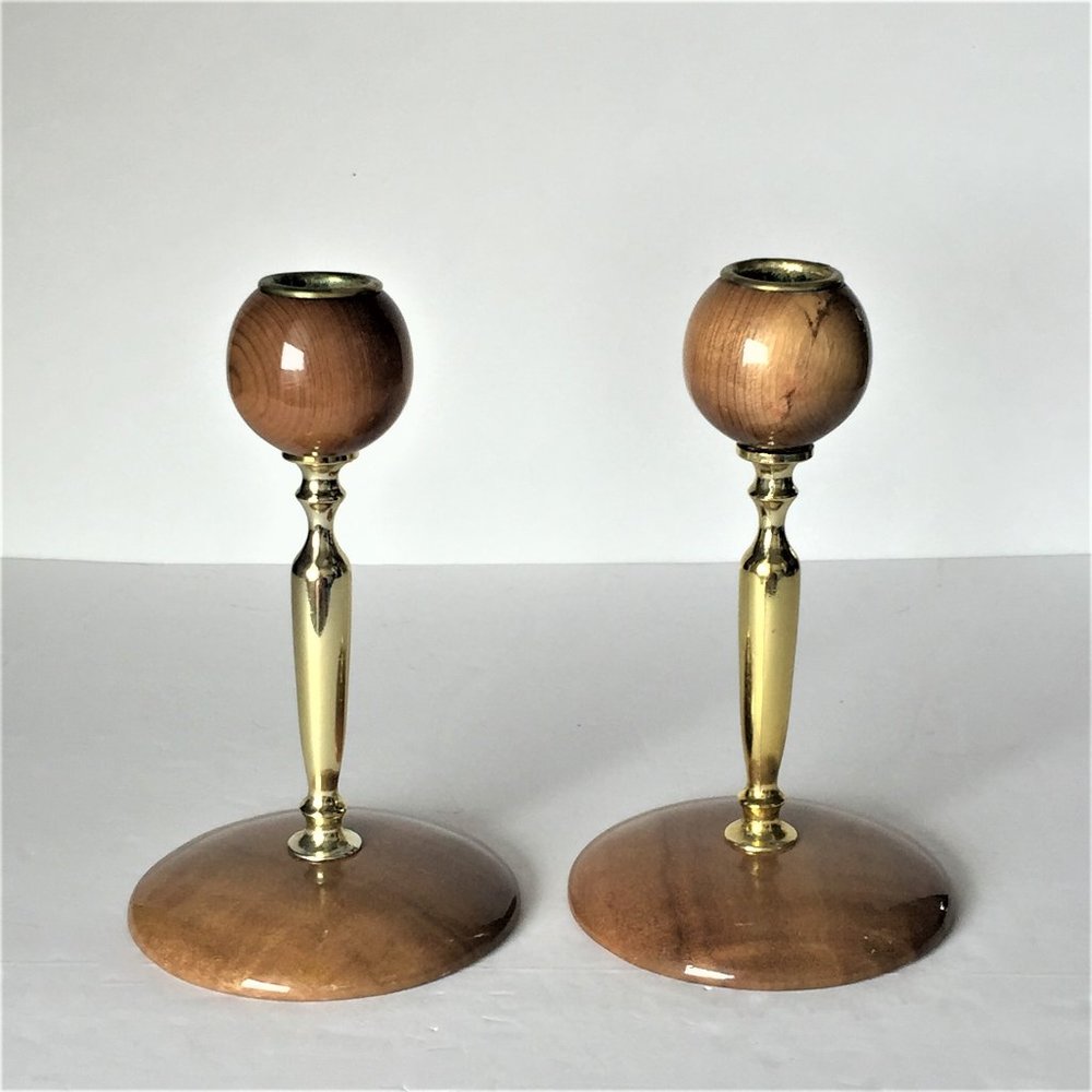 MCM Brown Wood & Gold Metal Candle Sticks Holders - Picture 2 of 5